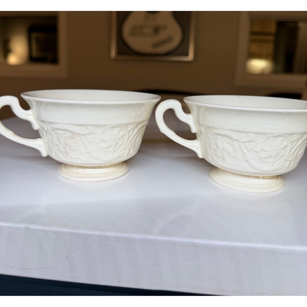 Vintage Wedgwood Patrician England Cups & Saucers Set of 2 Cream Embossed